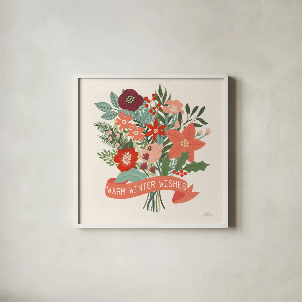 Christmas Wishes VII by Laura Marshall. Shown in a crisp white glass frame for a clean and minimalist style. Available as an archival giclee rolled canvas, fine art paper, or poster print. SKU 66389a.