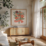 Christmas Wishes VII by Laura Marshall. Shown in a natural wood frame in a cozy modern living room. Available as an archival giclee rolled canvas, fine art paper, or poster print. SKU 66389a.