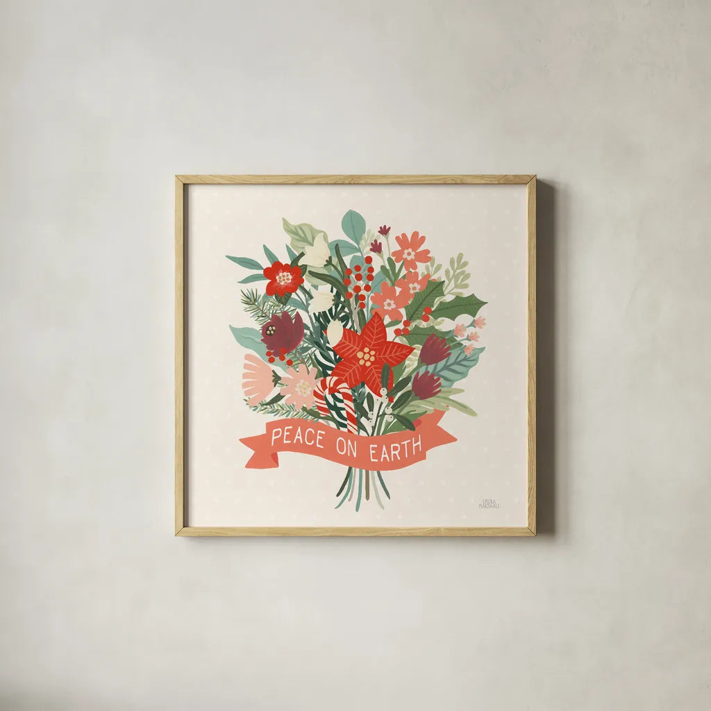 Christmas Wishes VIII by Laura Marshall. Shown in a natural wood glass frame for a timeless modern aesthetic. Available as an archival giclee rolled canvas, fine art paper, or poster print. SKU 66390a.