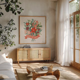 Christmas Wishes VIII by Laura Marshall. Shown in a natural wood frame in a cozy modern living room. Available as an archival giclee rolled canvas, fine art paper, or poster print. SKU 66390a.