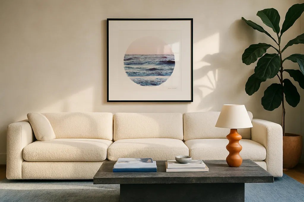 Coastal Colors I by Laura Marshall. Displayed in a glass frame with matte in a clean modern living room. Available as an archival giclee rolled canvas, fine art paper, or poster print. SKU 47124a.