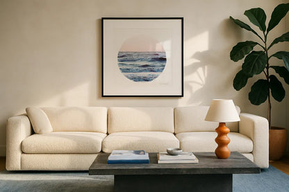 Coastal Colors I by Laura Marshall. Displayed in a glass frame with matte in a clean modern living room. Available as an archival giclee rolled canvas, fine art paper, or poster print. SKU 47124a.
