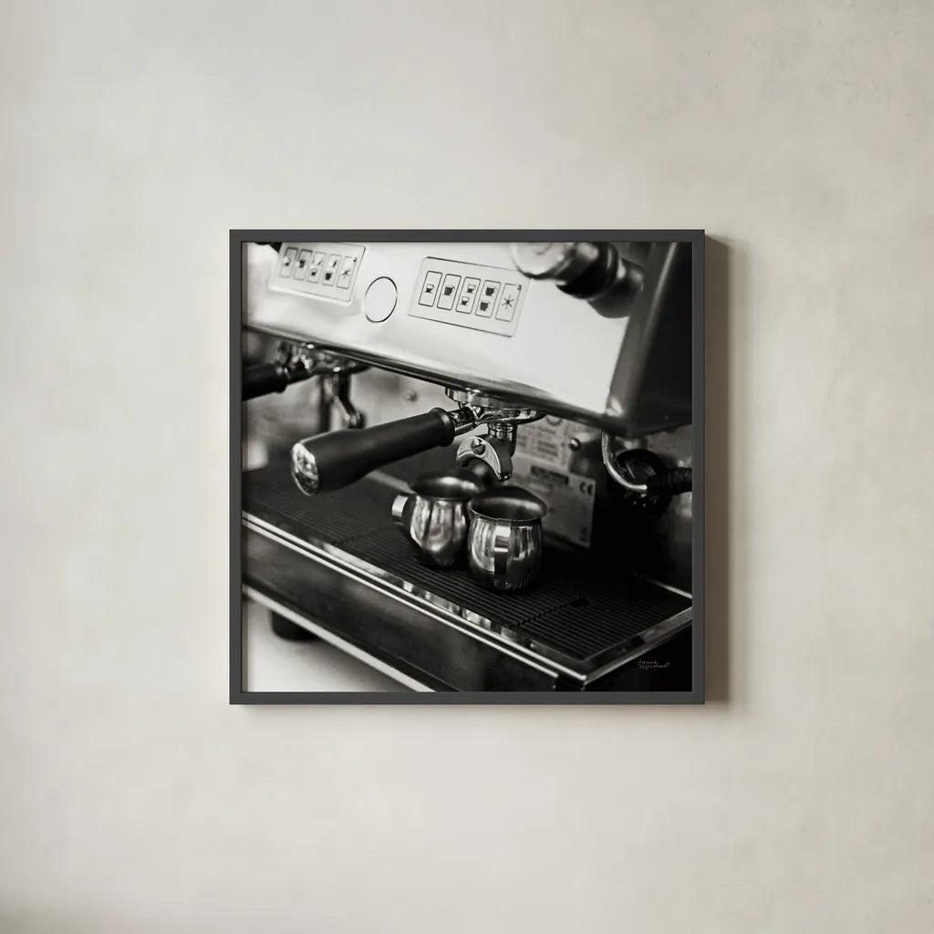 Coffeehouse I Crop by Laura Marshall. Shown in a sleek black glass frame for a contemporary gallery look. Available as an archival giclee rolled canvas, fine art paper, or poster print. SKU 16597a.