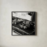 Coffeehouse I Crop by Laura Marshall. Shown in a sleek black glass frame for a contemporary gallery look. Available as an archival giclee rolled canvas, fine art paper, or poster print. SKU 16597a.