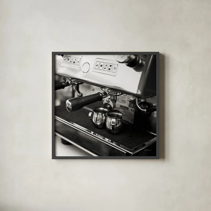 Coffeehouse I Crop by Laura Marshall. Shown in a sleek black glass frame for a contemporary gallery look. Available as an archival giclee rolled canvas, fine art paper, or poster print. SKU 16597a.