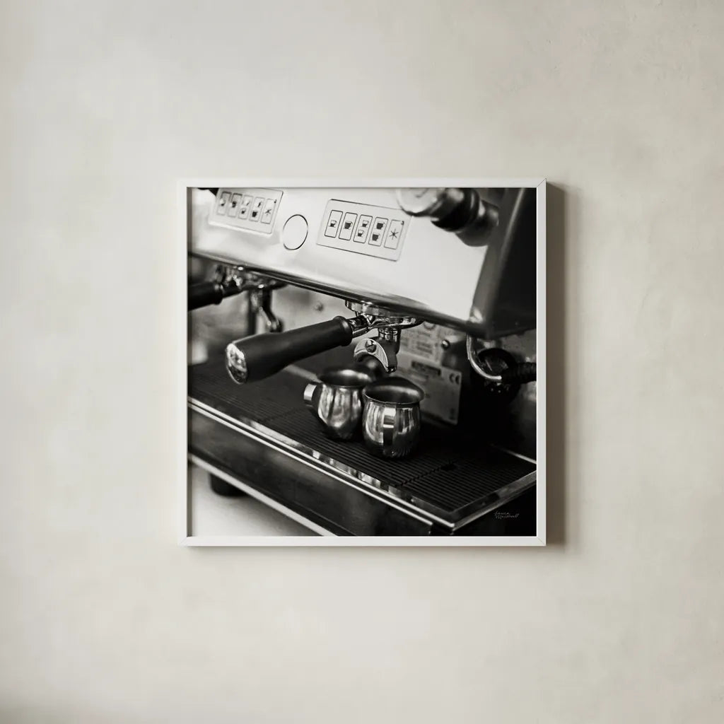 Coffeehouse I Crop by Laura Marshall. Shown in a crisp white glass frame for a clean and minimalist style. Available as an archival giclee rolled canvas, fine art paper, or poster print. SKU 16597a.