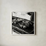 Coffeehouse I Crop by Laura Marshall. Shown in a crisp white glass frame for a clean and minimalist style. Available as an archival giclee rolled canvas, fine art paper, or poster print. SKU 16597a.
