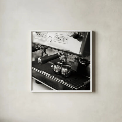 Coffeehouse I Crop by Laura Marshall. Shown in a crisp white glass frame for a clean and minimalist style. Available as an archival giclee rolled canvas, fine art paper, or poster print. SKU 16597a.