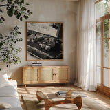 Coffeehouse I Crop by Laura Marshall. Shown in a natural wood frame in a cozy modern living room. Available as an archival giclee rolled canvas, fine art paper, or poster print. SKU 16597a.
