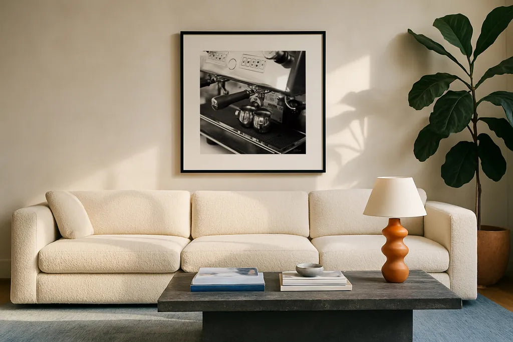 Coffeehouse I Crop by Laura Marshall. Displayed in a glass frame with matte in a clean modern living room. Available as an archival giclee rolled canvas, fine art paper, or poster print. SKU 16597a.