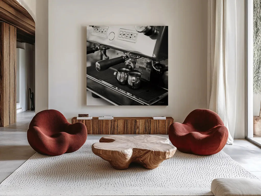 Coffeehouse I Crop by Laura Marshall. Shown as extra-large giant wall art in a modern living room. Available as an archival giclee rolled canvas, fine art paper, or poster print. SKU 16597a.