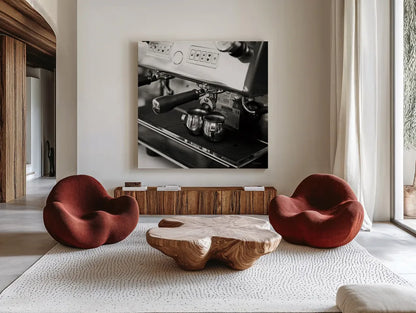 Coffeehouse I Crop by Laura Marshall. Shown as extra-large giant wall art in a modern living room. Available as an archival giclee rolled canvas, fine art paper, or poster print. SKU 16597a.
