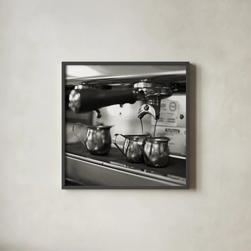 Coffeehouse II Crop by Laura Marshall. Shown in a sleek black glass frame for a contemporary gallery look. Available as an archival giclee rolled canvas, fine art paper, or poster print. SKU 16598a.
