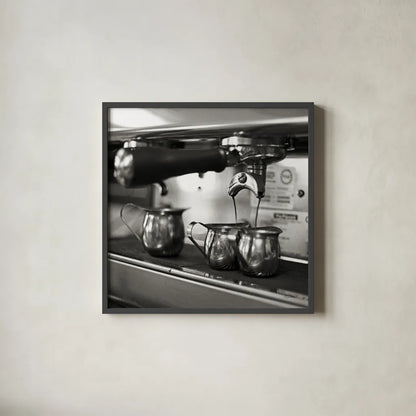 Coffeehouse II Crop by Laura Marshall. Shown in a sleek black glass frame for a contemporary gallery look. Available as an archival giclee rolled canvas, fine art paper, or poster print. SKU 16598a.