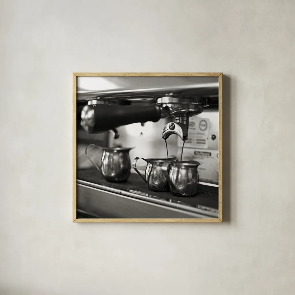 Coffeehouse II Crop by Laura Marshall. Shown in a natural wood glass frame for a timeless modern aesthetic. Available as an archival giclee rolled canvas, fine art paper, or poster print. SKU 16598a.