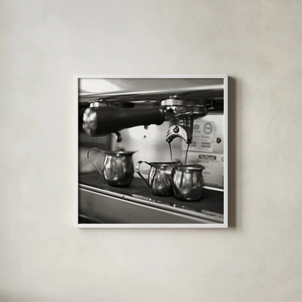 Coffeehouse II Crop by Laura Marshall. Shown in a crisp white glass frame for a clean and minimalist style. Available as an archival giclee rolled canvas, fine art paper, or poster print. SKU 16598a.