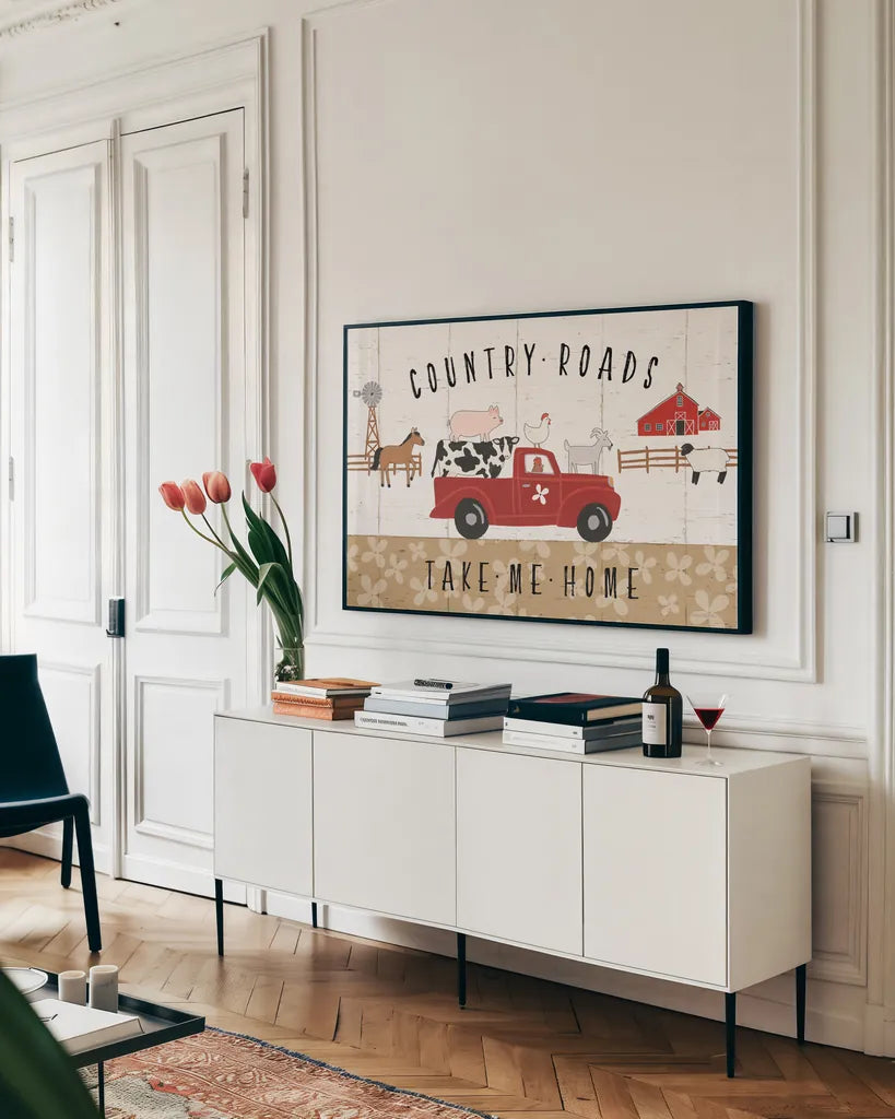 Country Roads I by Laura Marshall. shown as a framed stretched canvas in a living room above a console. Available as a archival giclee rolled canvas, fine art paper, or poster print. SKU 46821i.