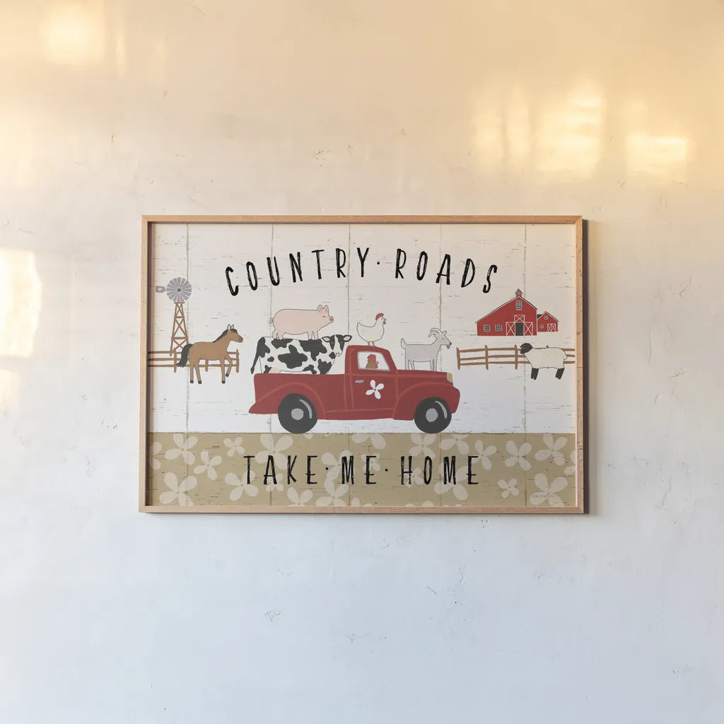 Country Roads I by Laura Marshall. shown as a paper print in a natural frame. Available as a archival giclee rolled canvas, fine art paper, or poster print. SKU 46821i.