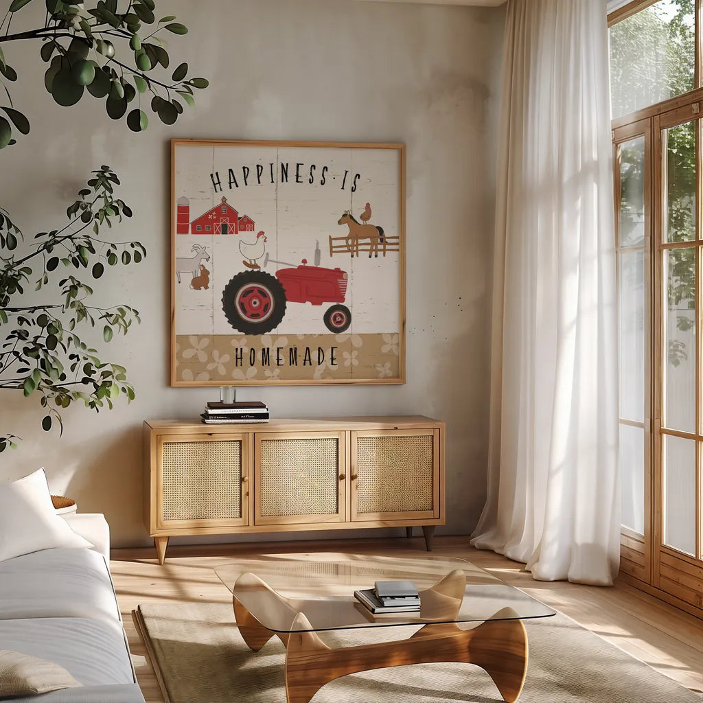 Country Roads II by Laura Marshall. Shown in a natural wood frame in a cozy modern living room. Available as an archival giclee rolled canvas, fine art paper, or poster print. SKU 46822a.