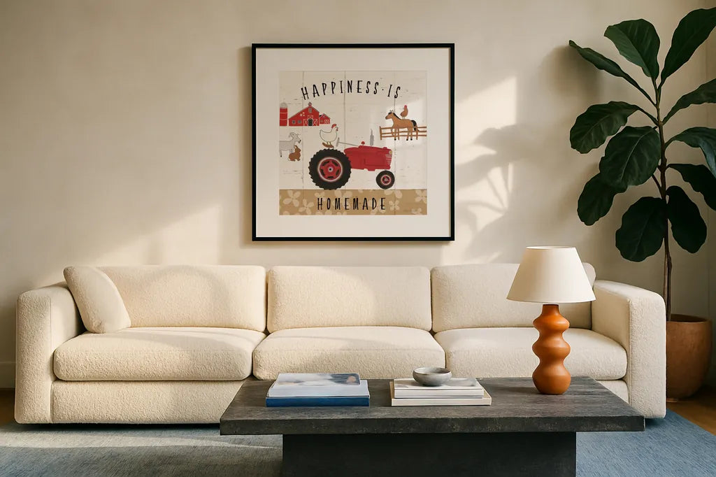 Country Roads II by Laura Marshall. Displayed in a glass frame with matte in a clean modern living room. Available as an archival giclee rolled canvas, fine art paper, or poster print. SKU 46822a.
