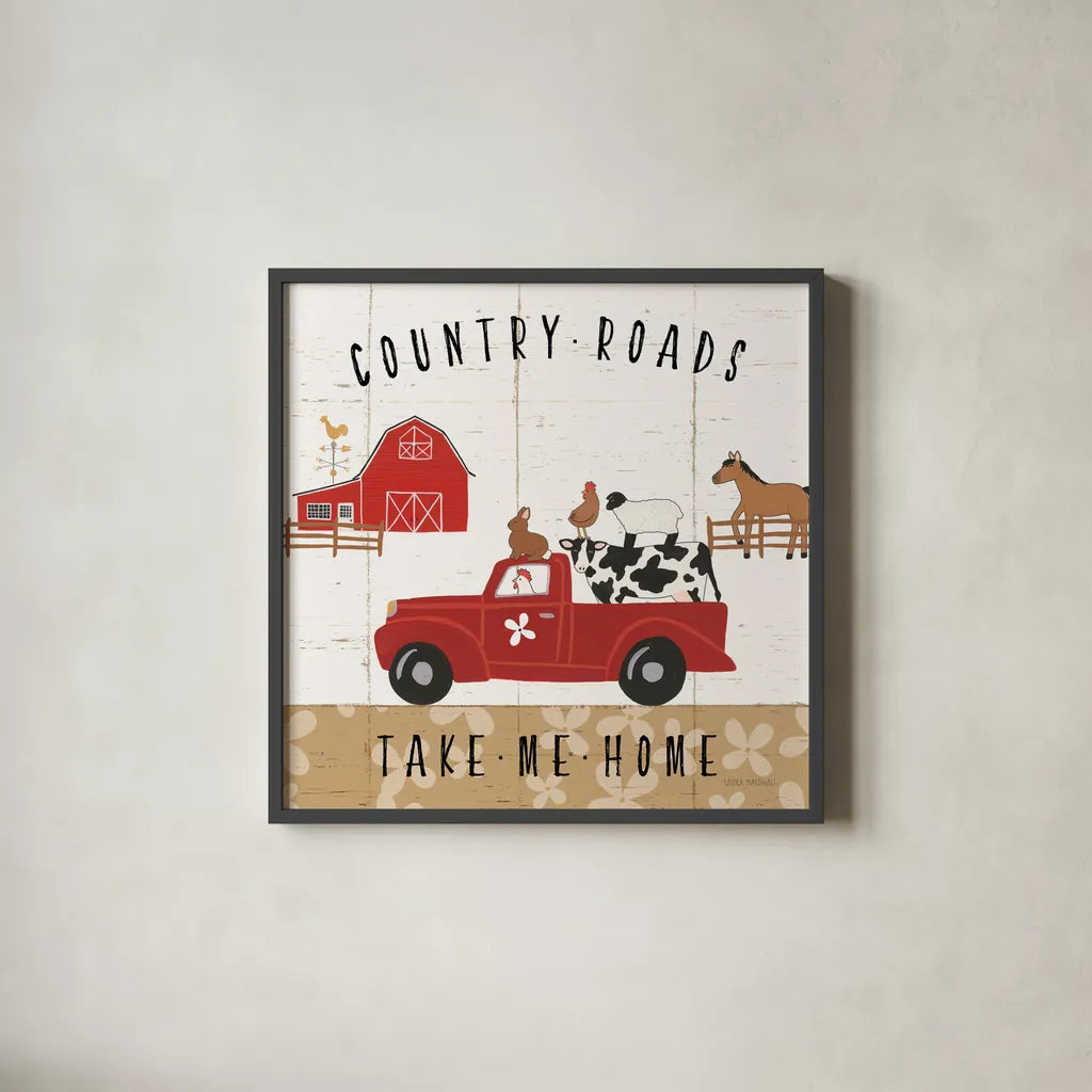 Country Roads III by Laura Marshall. Shown in a sleek black glass frame for a contemporary gallery look. Available as an archival giclee rolled canvas, fine art paper, or poster print. SKU 46823a.