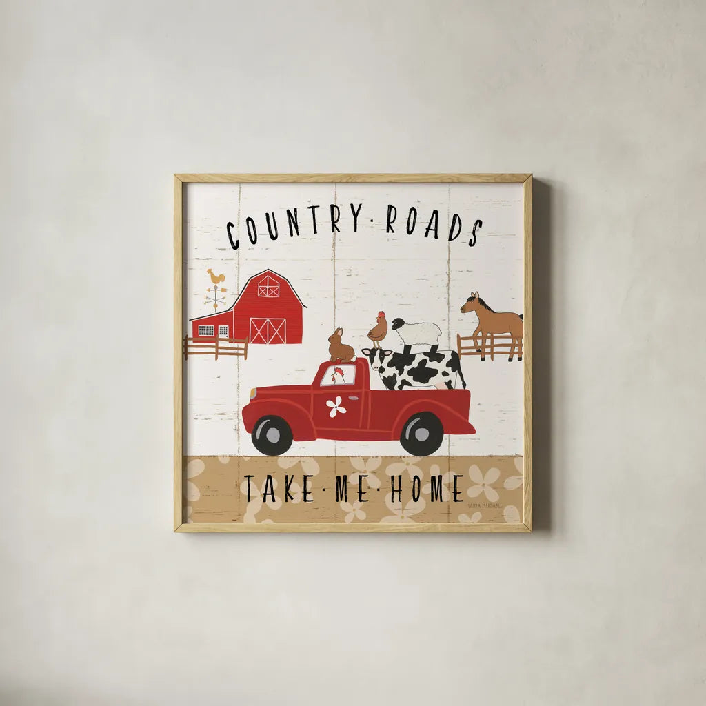 Country Roads III by Laura Marshall. Shown in a natural wood glass frame for a timeless modern aesthetic. Available as an archival giclee rolled canvas, fine art paper, or poster print. SKU 46823a.