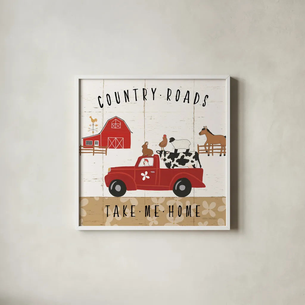 Country Roads III by Laura Marshall. Shown in a crisp white glass frame for a clean and minimalist style. Available as an archival giclee rolled canvas, fine art paper, or poster print. SKU 46823a.