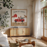 Country Roads III by Laura Marshall. Shown in a natural wood frame in a cozy modern living room. Available as an archival giclee rolled canvas, fine art paper, or poster print. SKU 46823a.