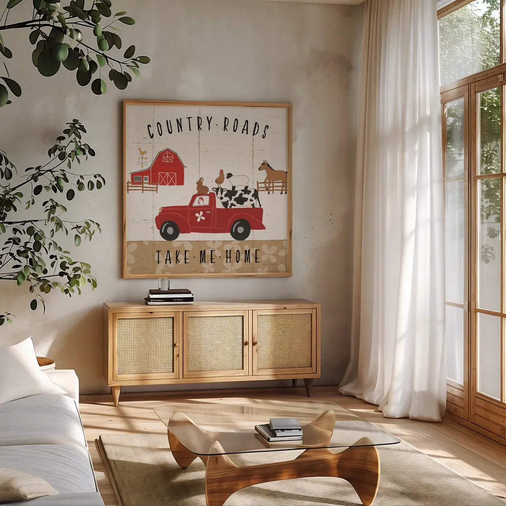 Country Roads III by Laura Marshall. Shown in a natural wood frame in a cozy modern living room. Available as an archival giclee rolled canvas, fine art paper, or poster print. SKU 46823a.