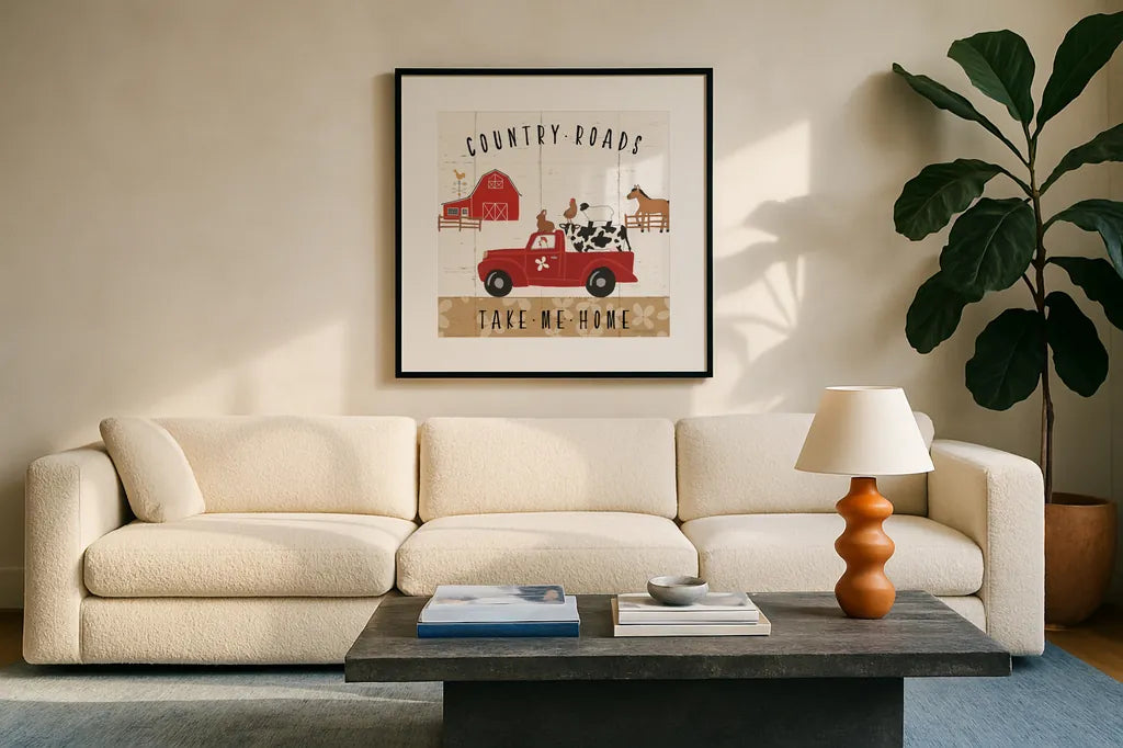 Country Roads III by Laura Marshall. Displayed in a glass frame with matte in a clean modern living room. Available as an archival giclee rolled canvas, fine art paper, or poster print. SKU 46823a.