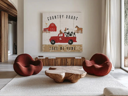 Country Roads III by Laura Marshall. Shown as extra-large giant wall art in a modern living room. Available as an archival giclee rolled canvas, fine art paper, or poster print. SKU 46823a.