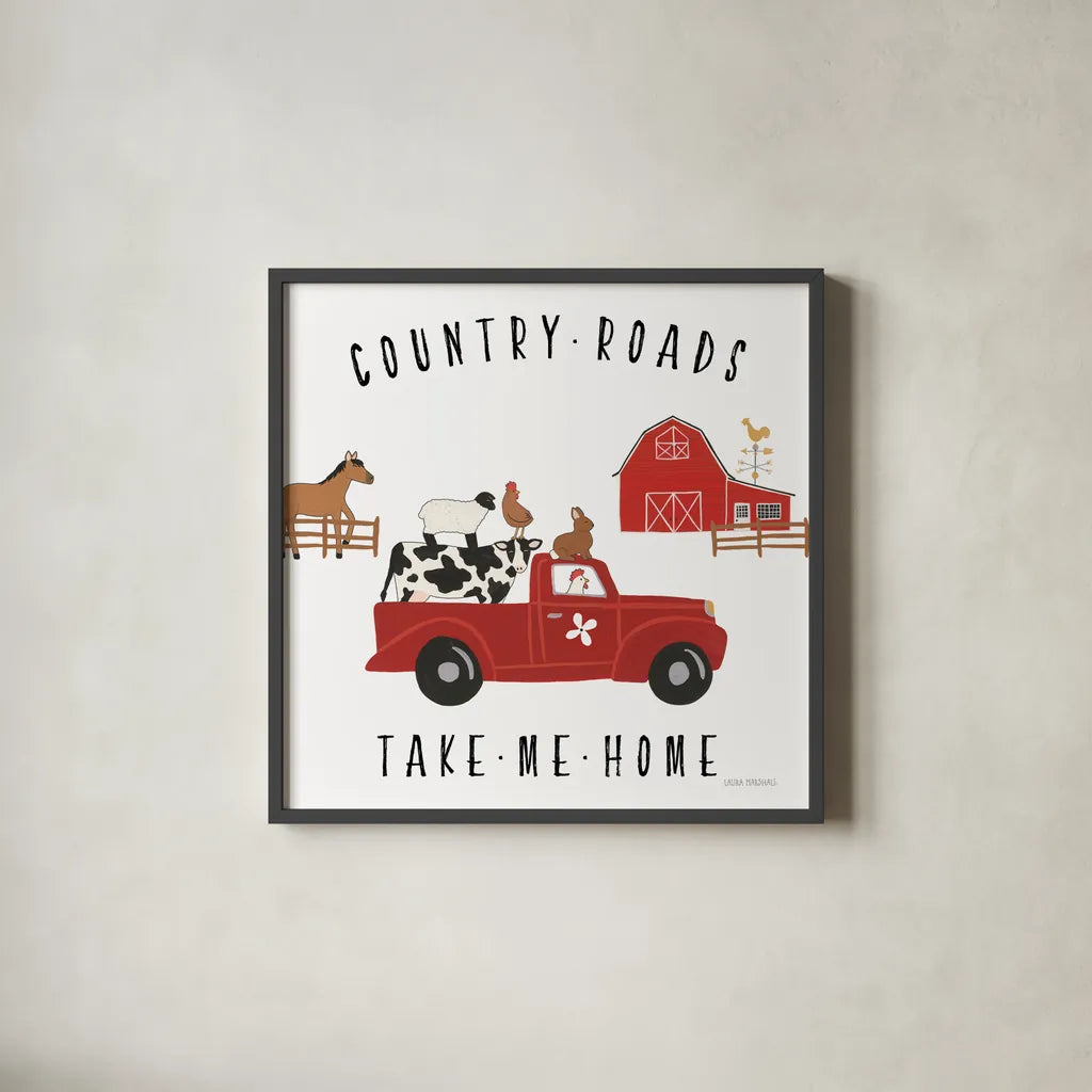 Country Roads III v2 by Laura Marshall. Shown in a sleek black glass frame for a contemporary gallery look. Available as an archival giclee rolled canvas, fine art paper, or poster print. SKU 101778a.