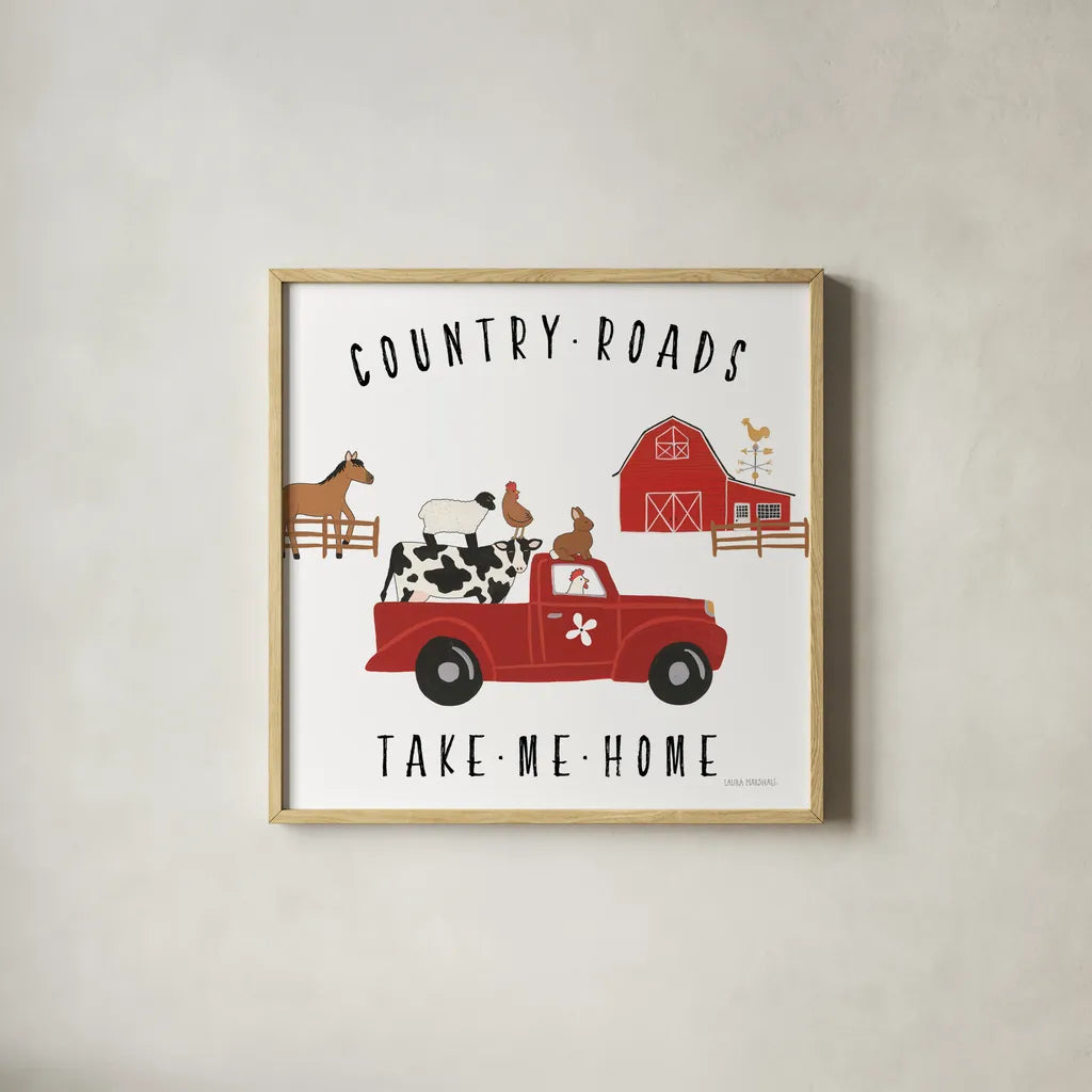 Country Roads III v2 by Laura Marshall. Shown in a natural wood glass frame for a timeless modern aesthetic. Available as an archival giclee rolled canvas, fine art paper, or poster print. SKU 101778a.