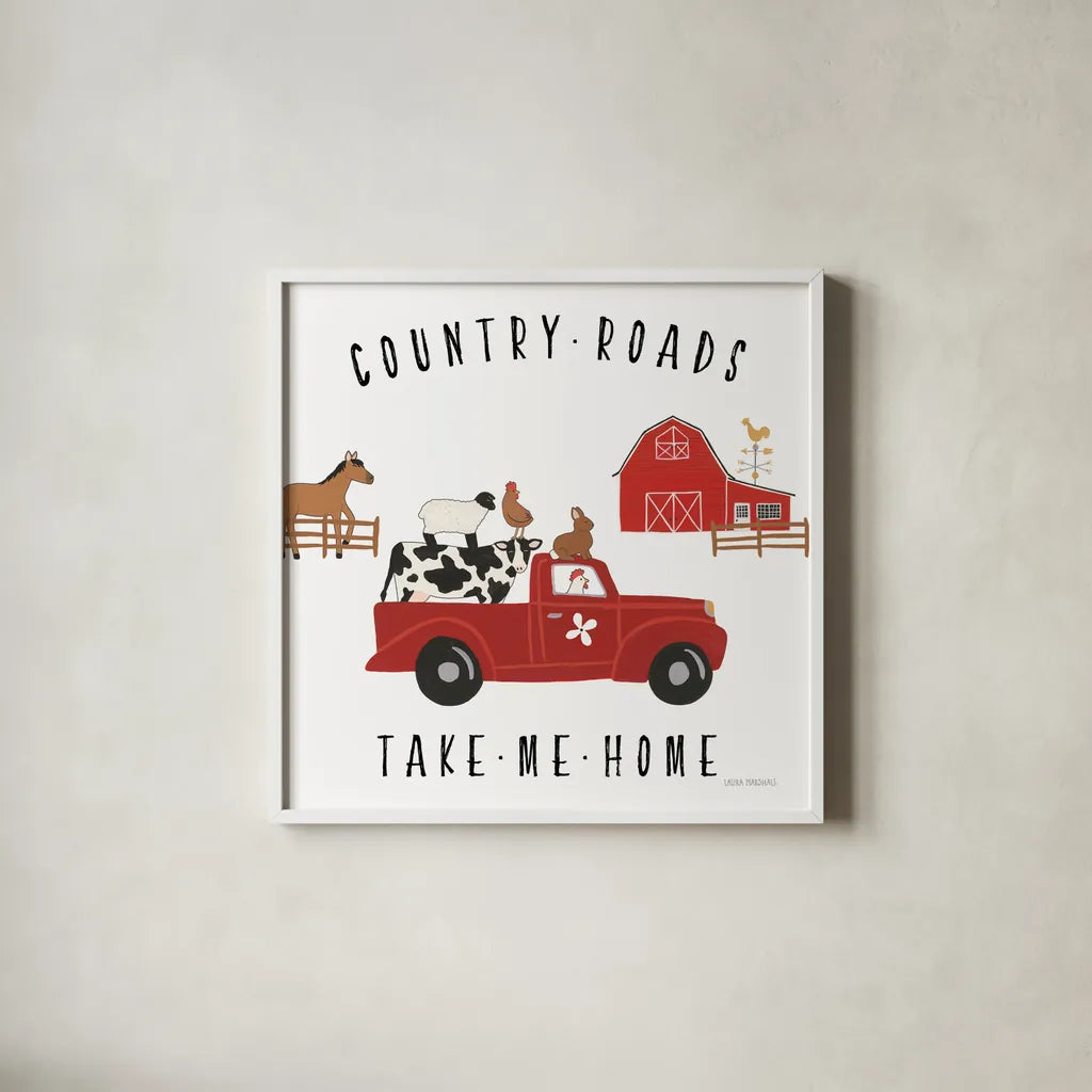 Country Roads III v2 by Laura Marshall. Shown in a crisp white glass frame for a clean and minimalist style. Available as an archival giclee rolled canvas, fine art paper, or poster print. SKU 101778a.