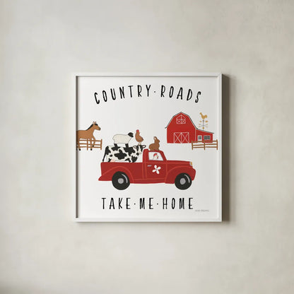 Country Roads III v2 by Laura Marshall. Shown in a crisp white glass frame for a clean and minimalist style. Available as an archival giclee rolled canvas, fine art paper, or poster print. SKU 101778a.