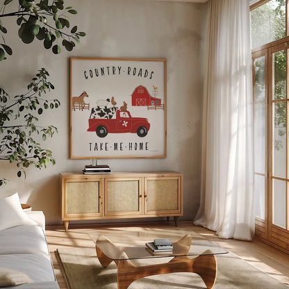 Country Roads III v2 by Laura Marshall. Shown in a natural wood frame in a cozy modern living room. Available as an archival giclee rolled canvas, fine art paper, or poster print. SKU 101778a.