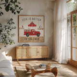 Country Roads IV by Laura Marshall. Shown in a natural wood frame in a cozy modern living room. Available as an archival giclee rolled canvas, fine art paper, or poster print. SKU 46824a.