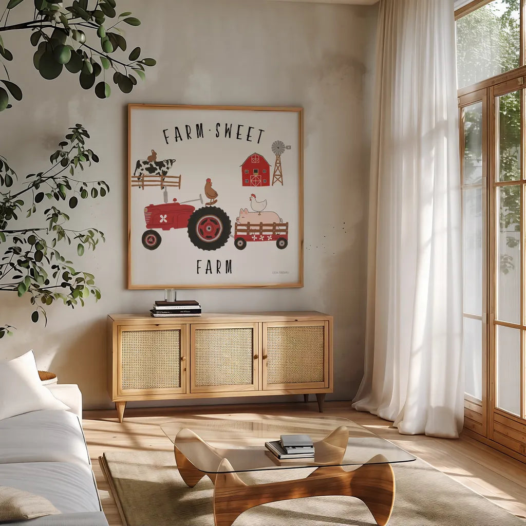 Country Roads V v2 by Laura Marshall. Shown in a natural wood frame in a cozy modern living room. Available as an archival giclee rolled canvas, fine art paper, or poster print. SKU 101779a.