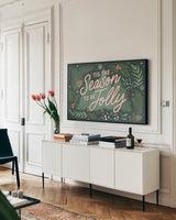 Cozy Christmas I by Laura Marshall. shown as a framed stretched canvas in a living room above a console. Available as a archival giclee rolled canvas, fine art paper, or poster print. SKU 88766i.