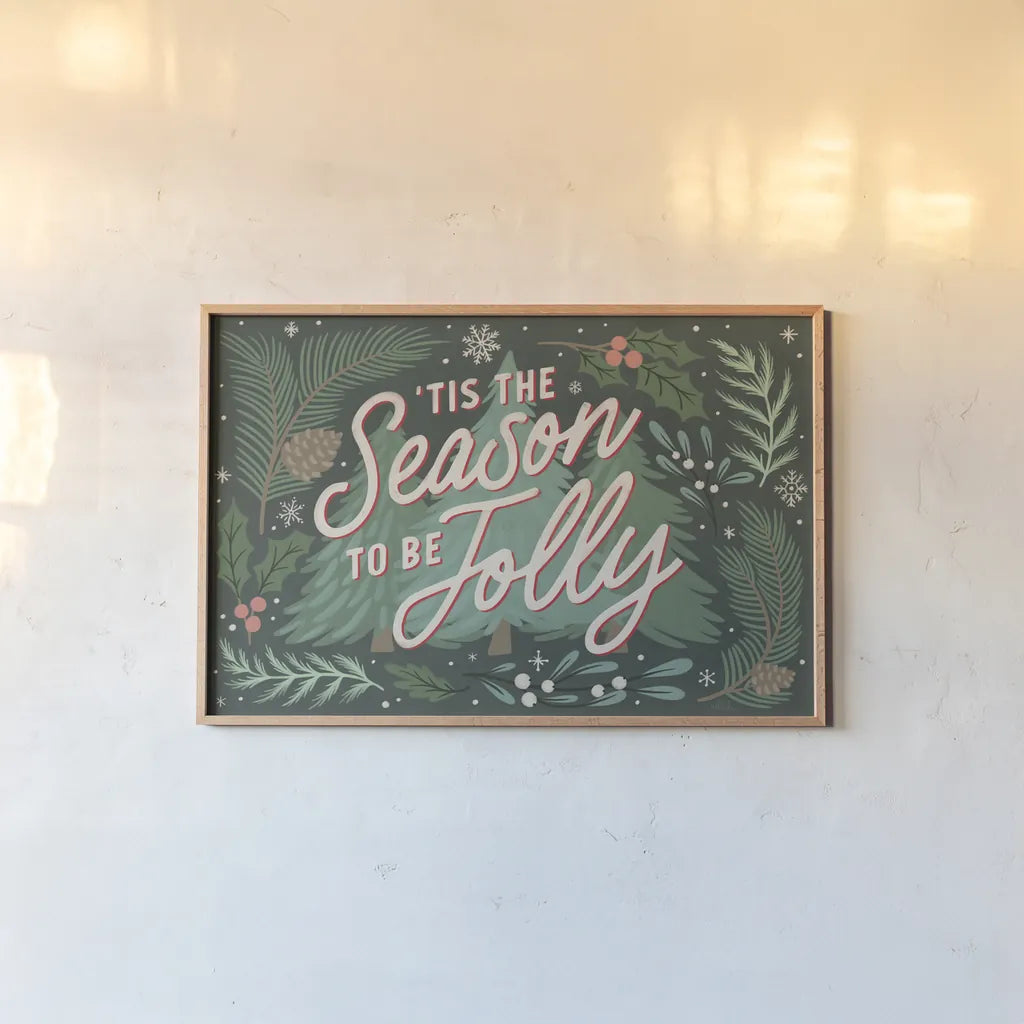 Cozy Christmas I by Laura Marshall. shown as a paper print in a natural frame. Available as a archival giclee rolled canvas, fine art paper, or poster print. SKU 88766i.