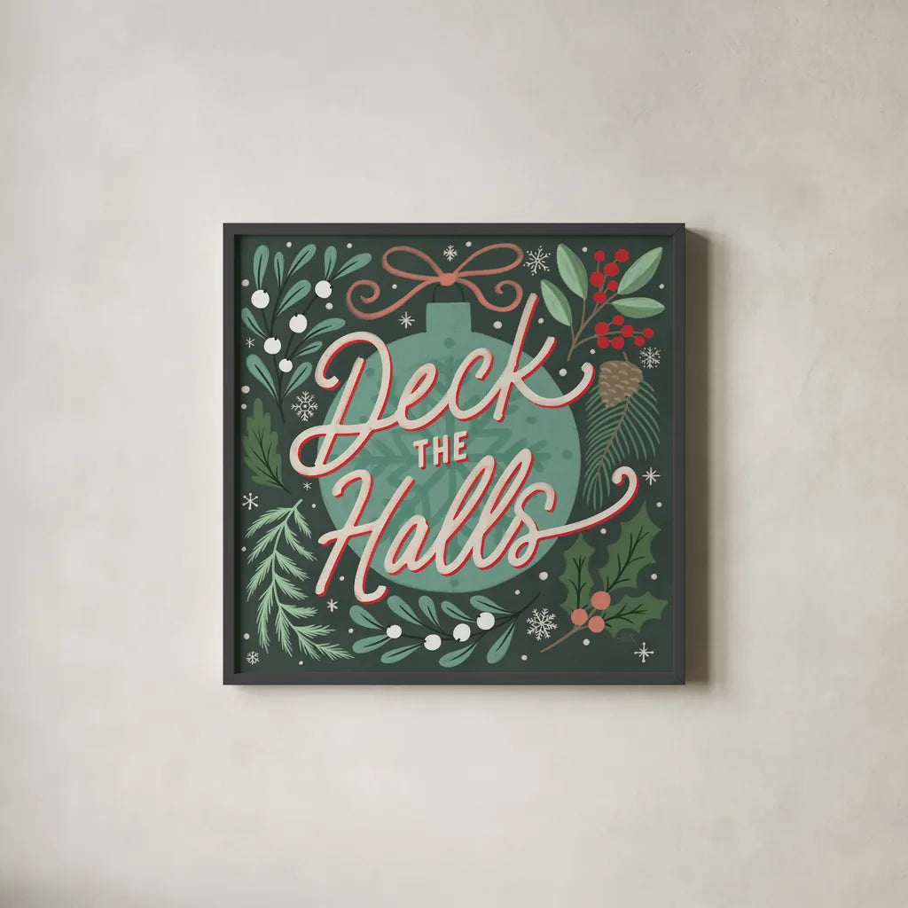 Cozy Christmas II by Laura Marshall. Shown in a sleek black glass frame for a contemporary gallery look. Available as an archival giclee rolled canvas, fine art paper, or poster print. SKU 88767a.