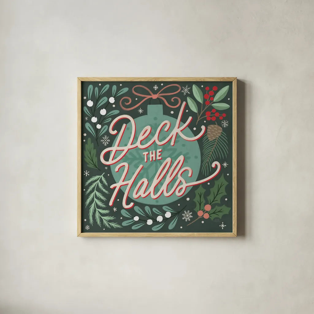 Cozy Christmas II by Laura Marshall. Shown in a natural wood glass frame for a timeless modern aesthetic. Available as an archival giclee rolled canvas, fine art paper, or poster print. SKU 88767a.