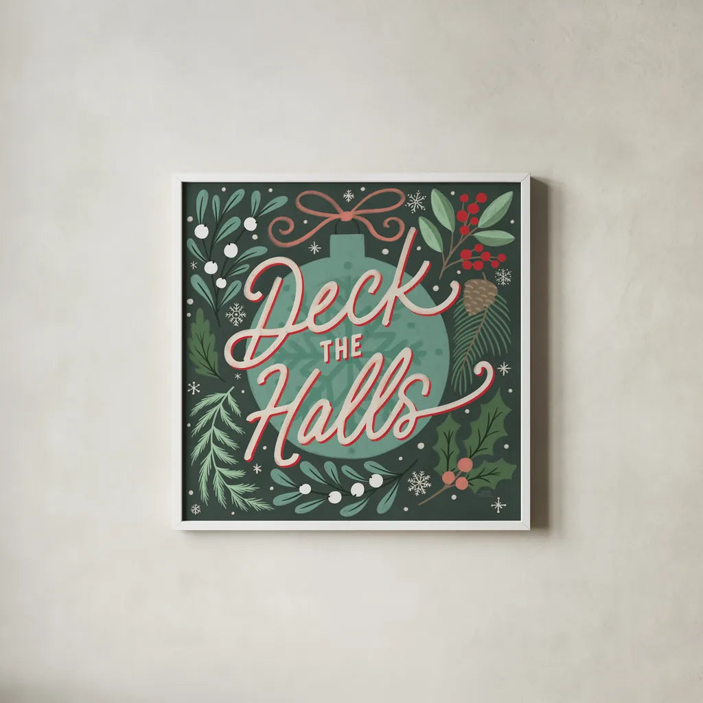 Cozy Christmas II by Laura Marshall. Shown in a crisp white glass frame for a clean and minimalist style. Available as an archival giclee rolled canvas, fine art paper, or poster print. SKU 88767a.