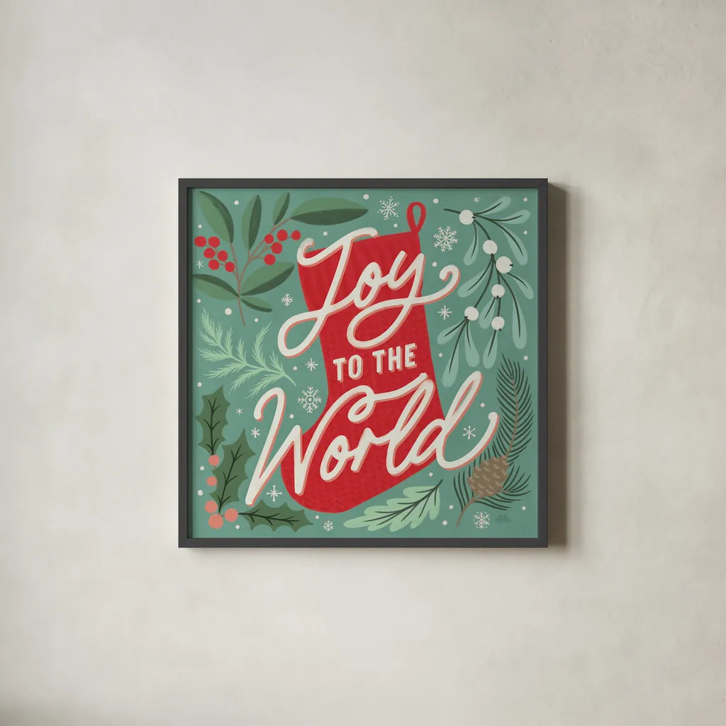 Cozy Christmas III by Laura Marshall. Shown in a sleek black glass frame for a contemporary gallery look. Available as an archival giclee rolled canvas, fine art paper, or poster print. SKU 88768a.