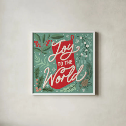 Cozy Christmas III by Laura Marshall. Shown in a crisp white glass frame for a clean and minimalist style. Available as an archival giclee rolled canvas, fine art paper, or poster print. SKU 88768a.