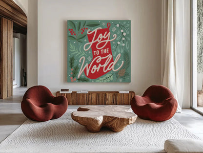 Cozy Christmas III by Laura Marshall. Shown as extra-large giant wall art in a modern living room. Available as an archival giclee rolled canvas, fine art paper, or poster print. SKU 88768a.