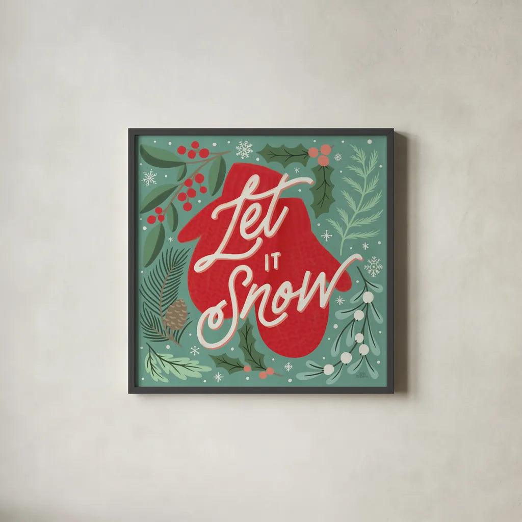 Cozy Christmas IV by Laura Marshall. Shown in a sleek black glass frame for a contemporary gallery look. Available as an archival giclee rolled canvas, fine art paper, or poster print. SKU 88769a.