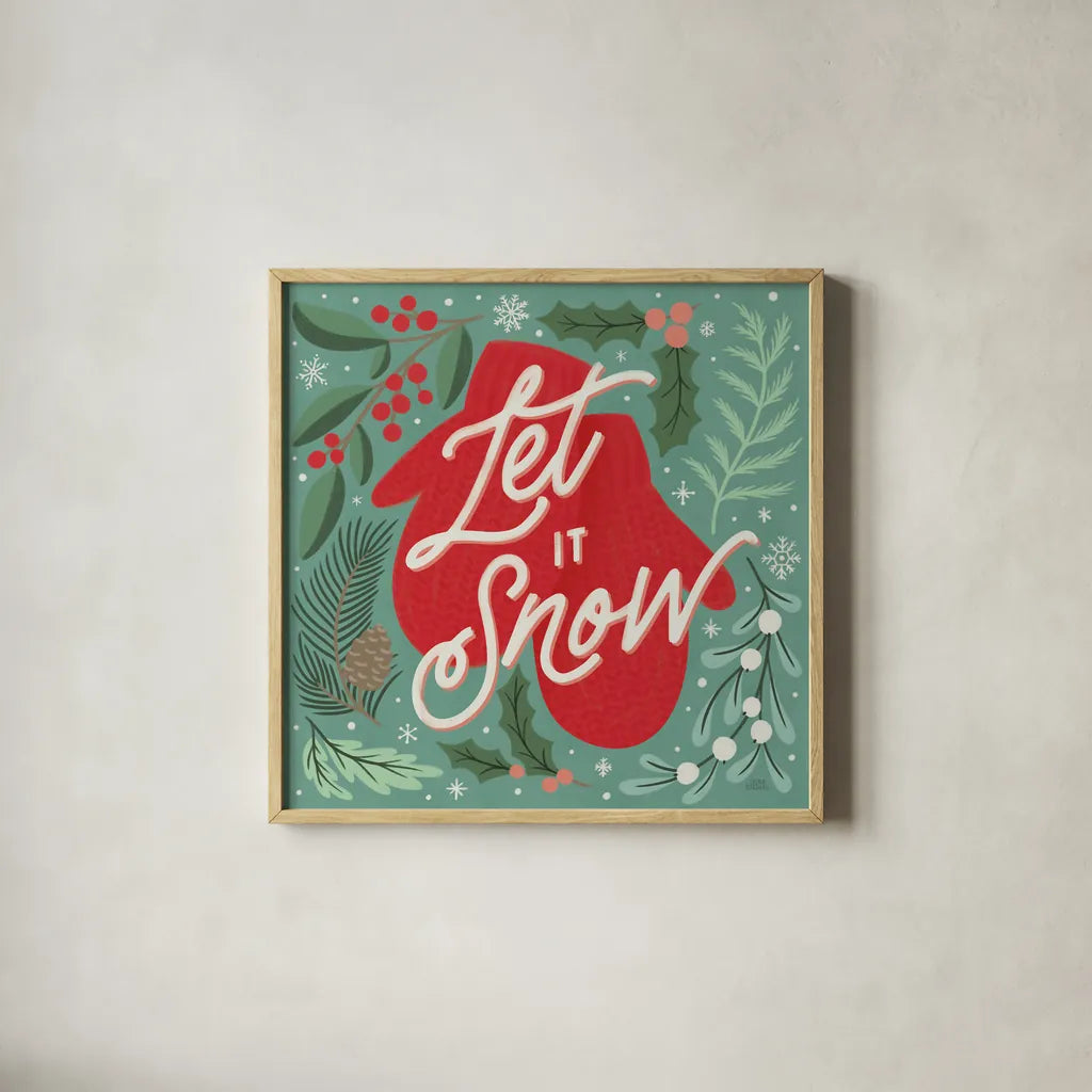 Cozy Christmas IV by Laura Marshall. Shown in a natural wood glass frame for a timeless modern aesthetic. Available as an archival giclee rolled canvas, fine art paper, or poster print. SKU 88769a.