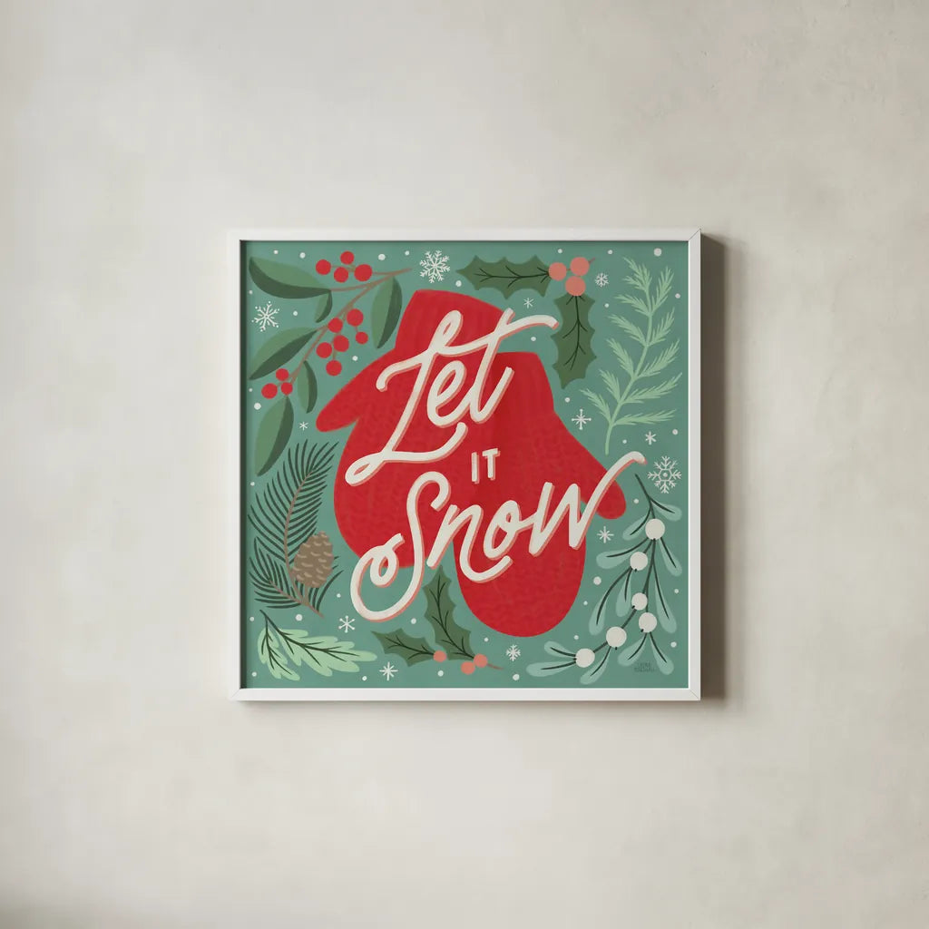 Cozy Christmas IV by Laura Marshall. Shown in a crisp white glass frame for a clean and minimalist style. Available as an archival giclee rolled canvas, fine art paper, or poster print. SKU 88769a.