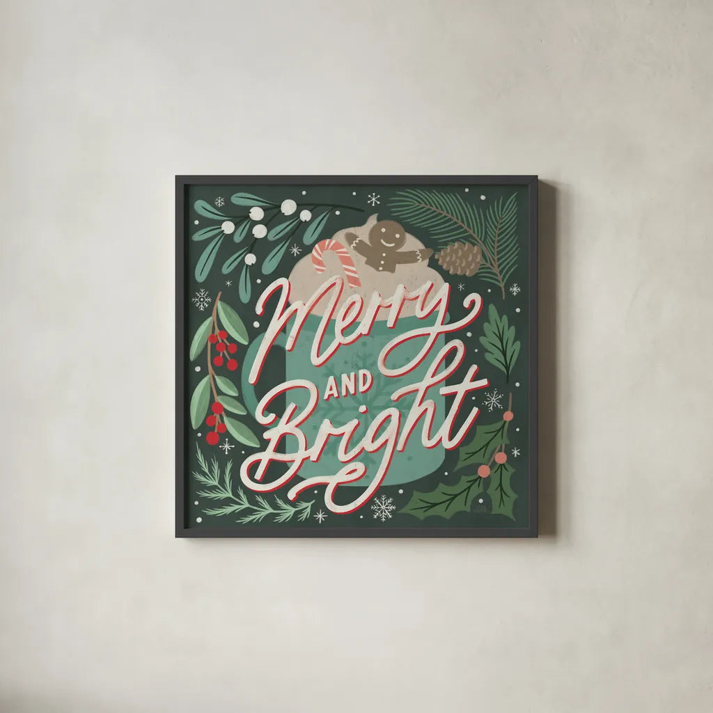 Cozy Christmas V by Laura Marshall. Shown in a sleek black glass frame for a contemporary gallery look. Available as an archival giclee rolled canvas, fine art paper, or poster print. SKU 88770a.